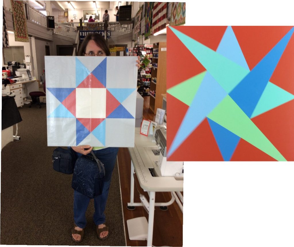 Jane is showing us her barn quilt made at the July class.  Another style of barn quilt is also shown made in the class.